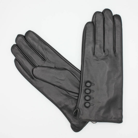 Pair of gray gloves with button details on a white background