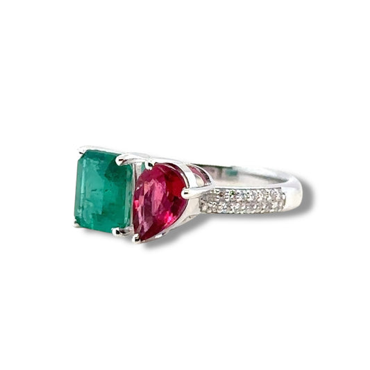 Two stone emerald and ruby ring
