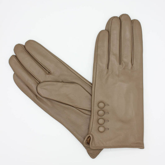 Pair of beige leather gloves with button details on a white background