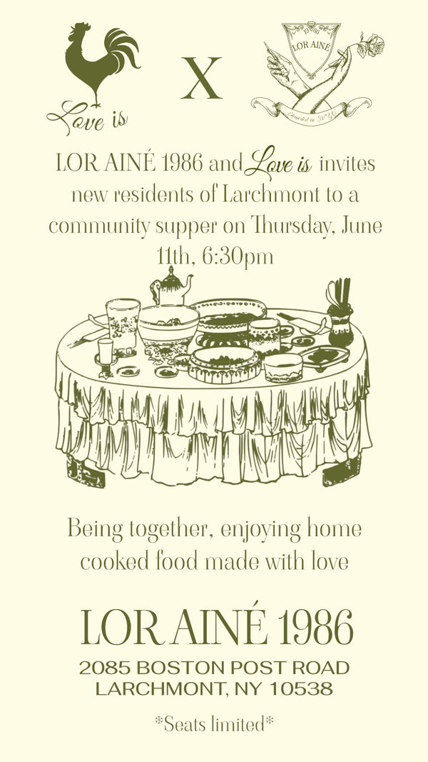 NEW TO LARCHMONT?  Join us for a Community Supper at LOR AINÉ 1986