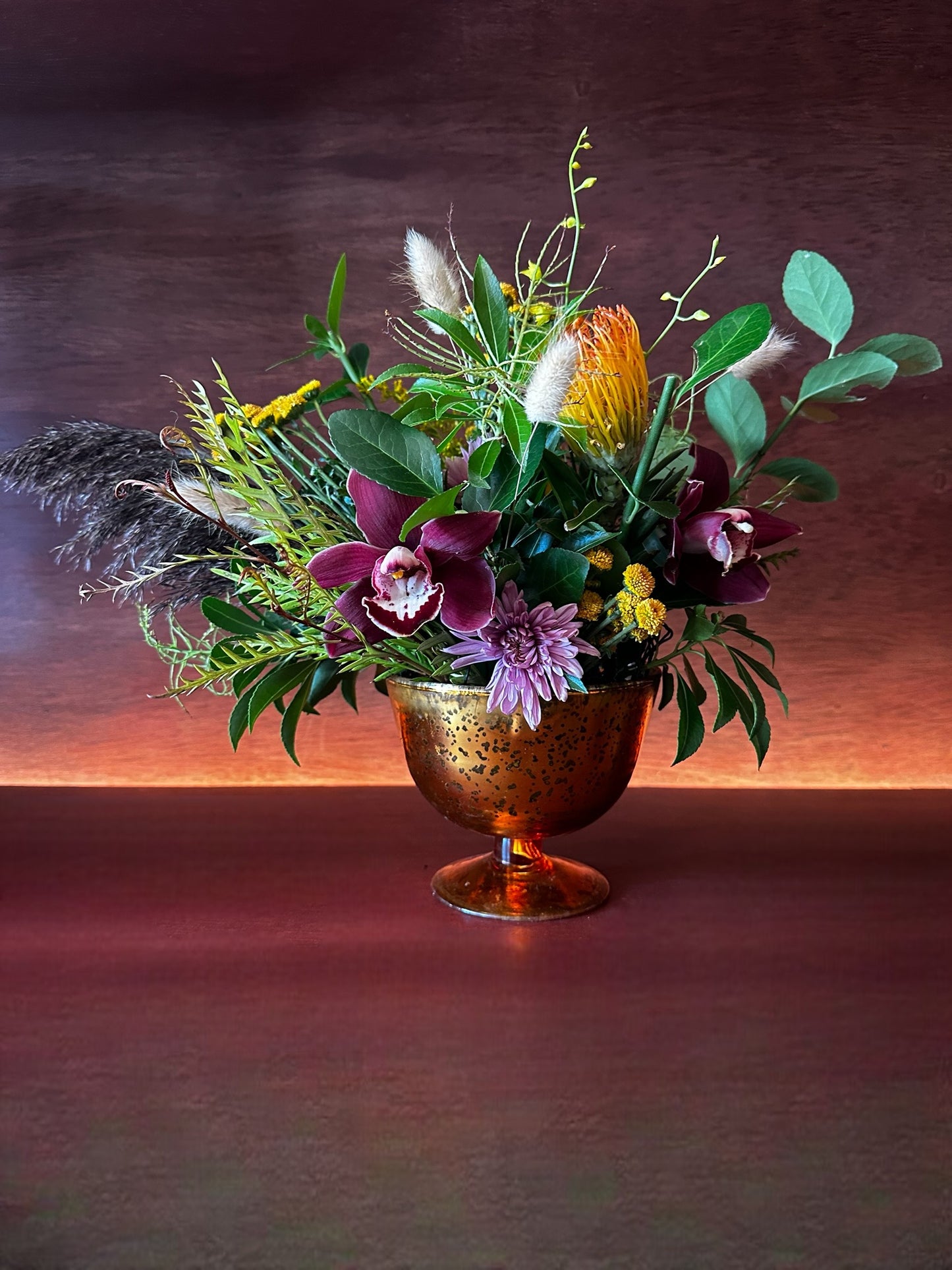 Autumn Arrangement in amber mirrored vessel