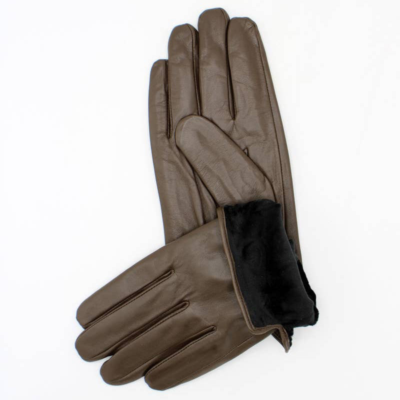 Pair of brown leather gloves with black lining on a white background